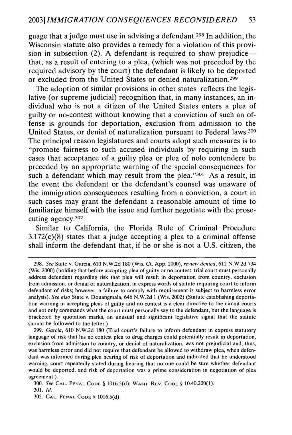 2003] IMMIGRATION CONSEQUENCES RECONSIDERED 53 guage that a judge must use in advising a defendant.