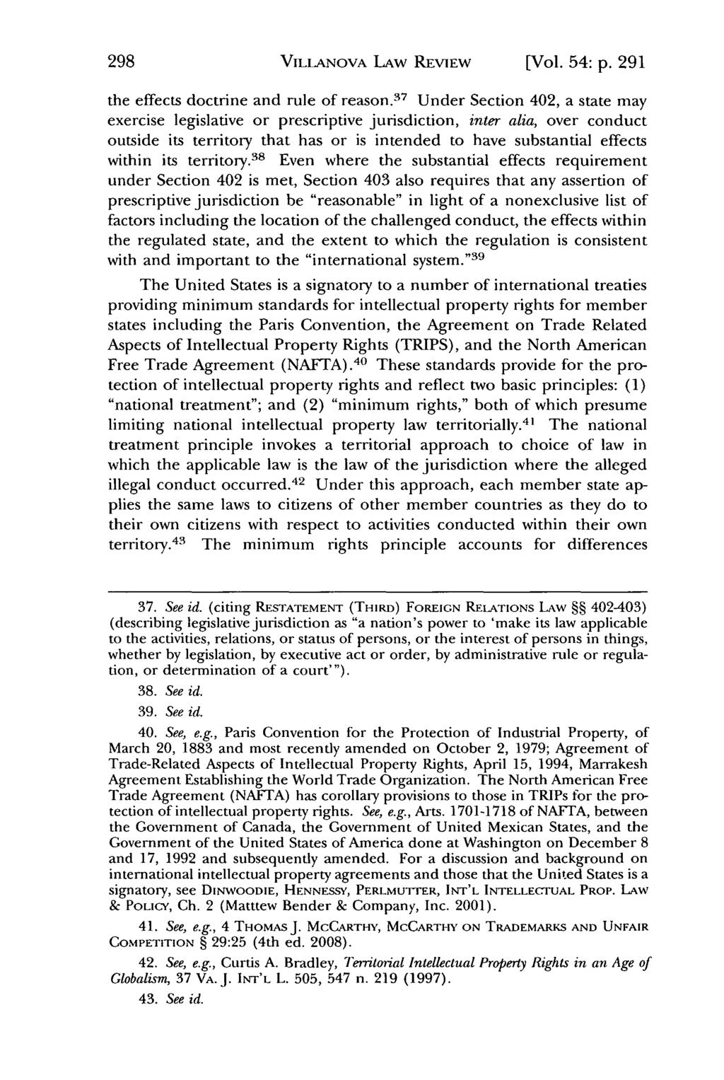 Villanova Law Review, Vol. 54, Iss. 2 [2009], Art. 3 VILLANOVA LAW REVIEW [Vol. 54: p. 291 the effects doctrine and rule of reason.