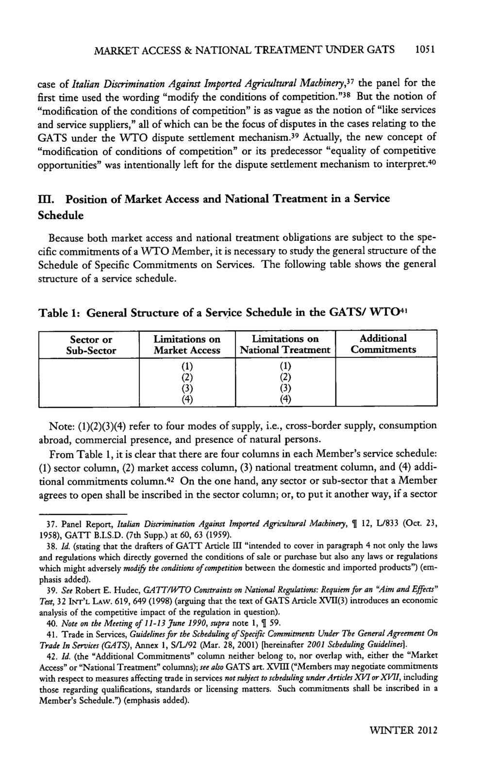 MARKET ACCESS & NATIONAL TREATMENT UNDER GATS 1051 case of Italian Discrimination Against Imported Agricultural Machinery, 37 the panel for the first time used the wording "modify the conditions of