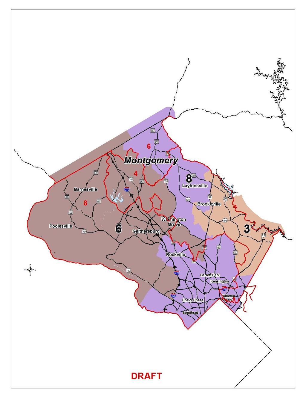 Districts 6 & 8: Montgomery County Area Configured to reflect the North-South connections between Montgomery County, the I-270 Corridor, and western portions of the State.