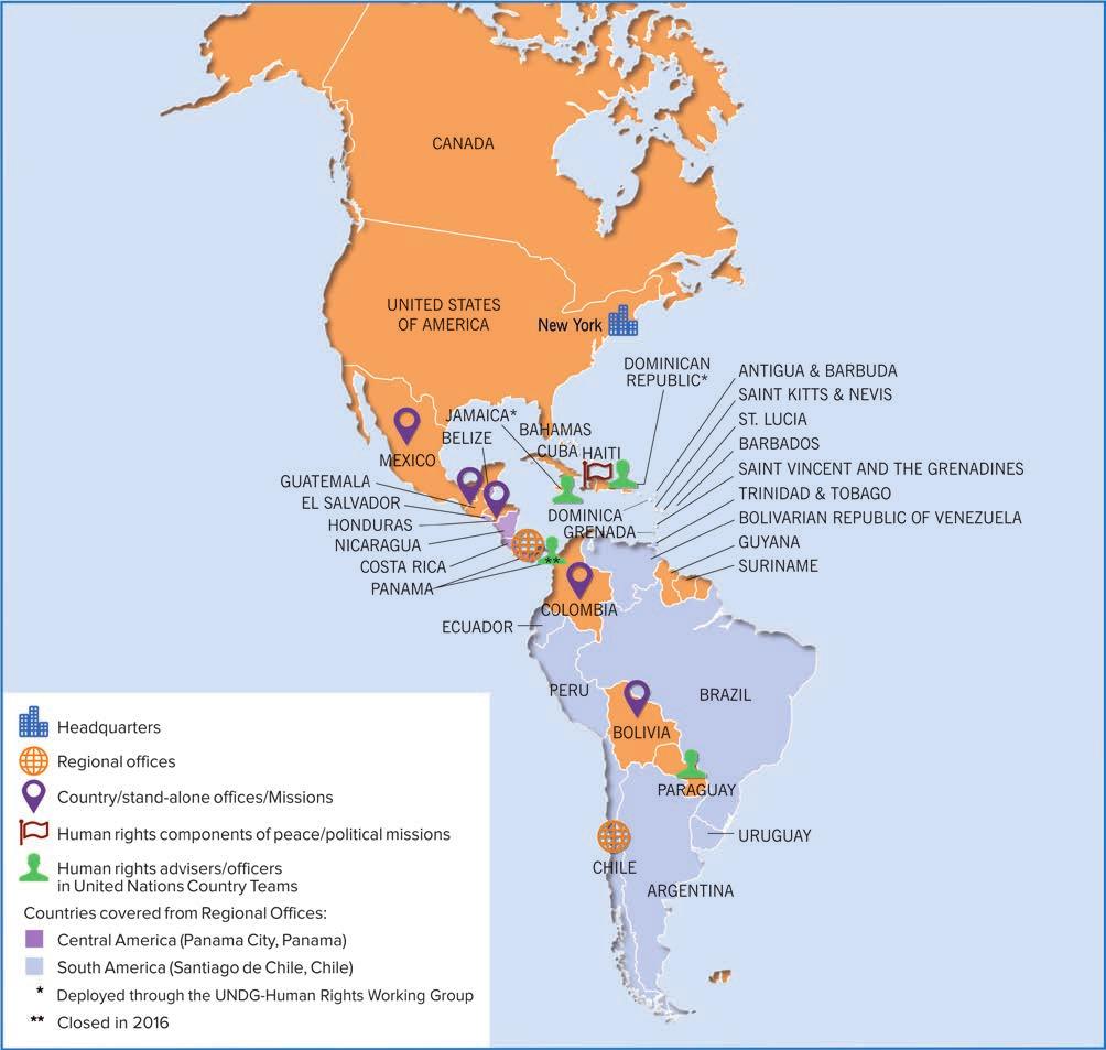 OHCHR in the field: Americas Type of presence Country offices Regional offices Human rights component in UN Peace Mission Human rights advisers in United Nations Country Teams Location Bolivia