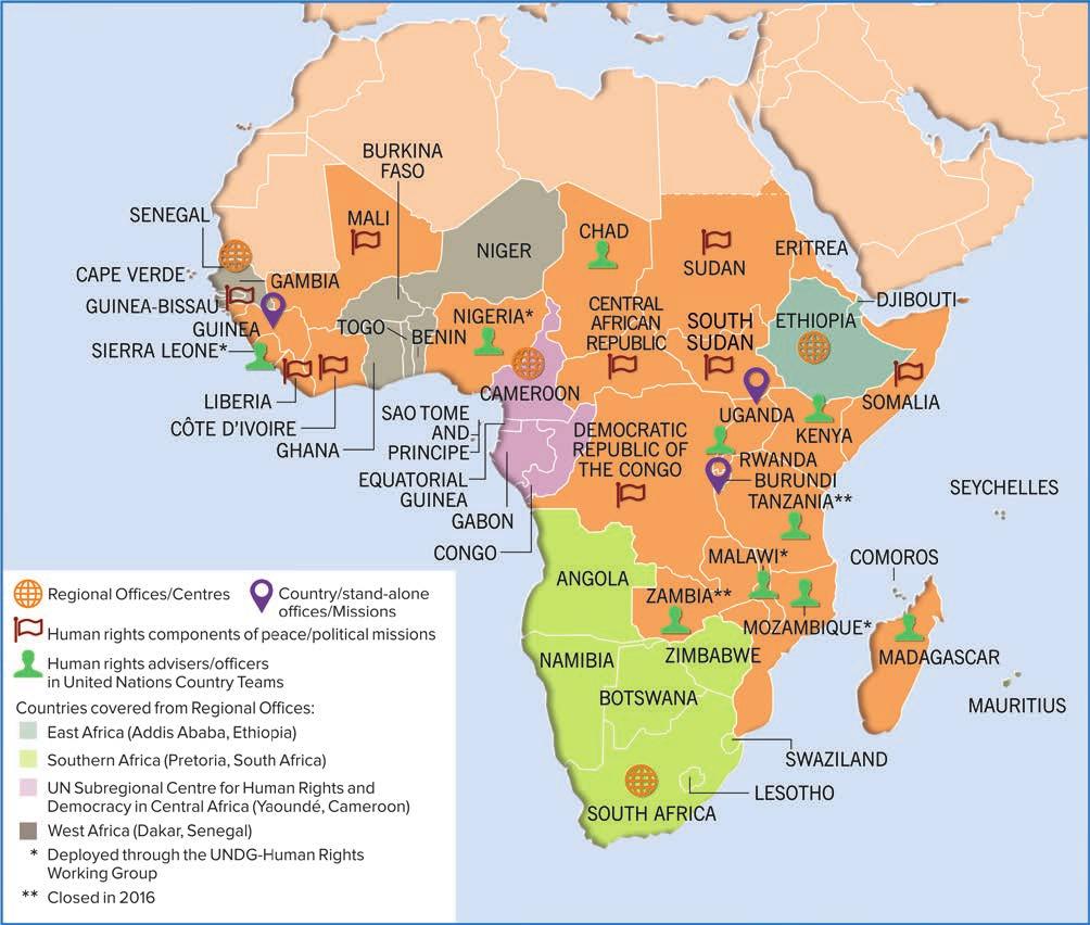 OHCHR in the field: Africa Type of presence Country offices Regional offices and centres Human rights components in UN Peace Missions Human rights advisers in United Nations Country Teams Location