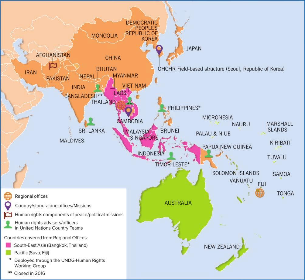 OHCHR in the field: Asia and the Pacific Type of presence Country office Regional offices Field-based structure Human rights component in UN Peace Mission Human rights advisers in United Nations