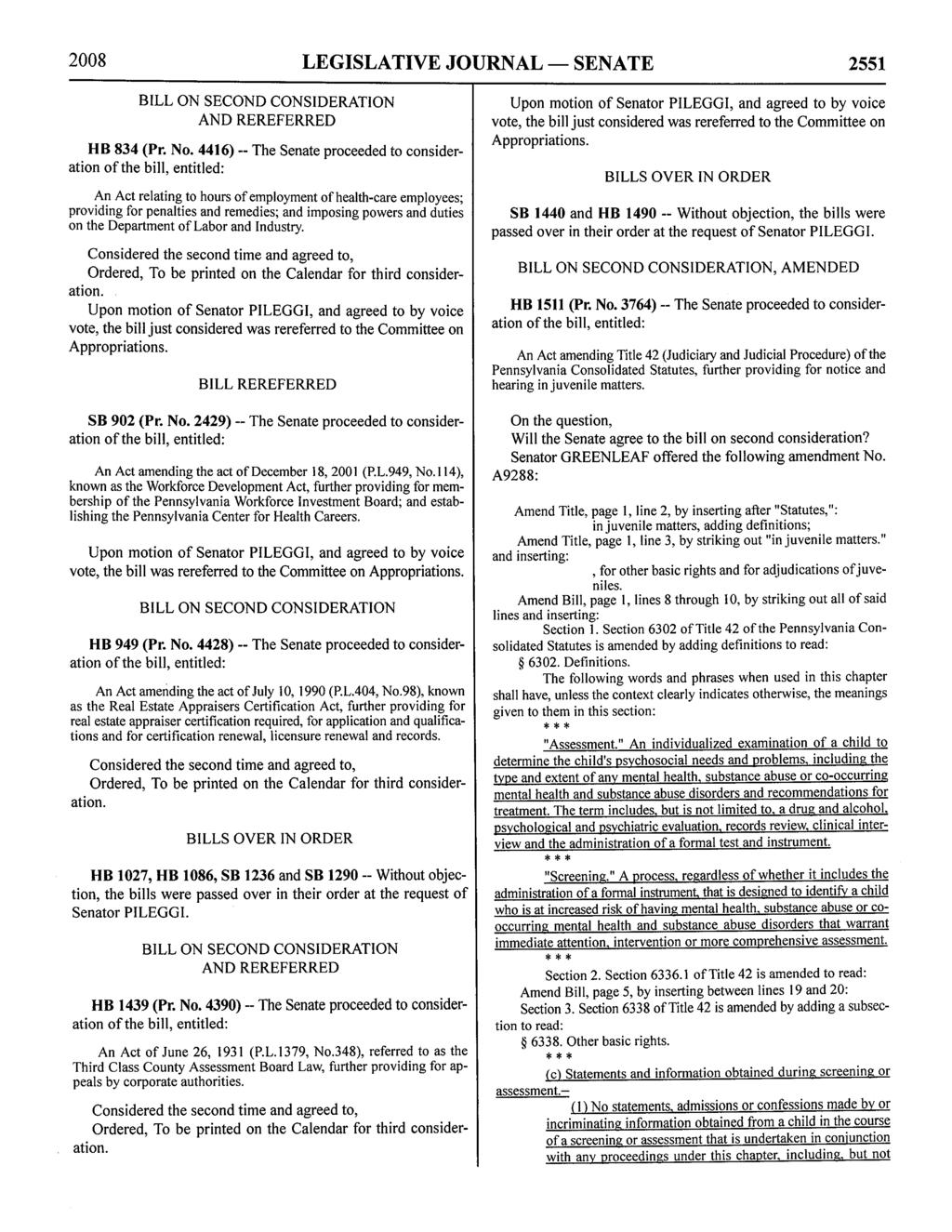 2008 LEGISLATIVE JOURNAL - SENATE 2551 AND REREFERRED HB 834 (Pr. No.