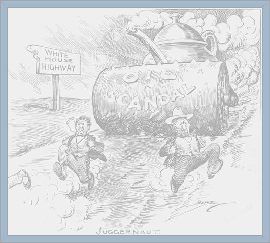 Secretary of the Interior, Albert B. Fall leased naval reserve oil land in Teapot Dome, Wyoming, and Elk Hills, California, to oilmen Harry F. Sinclair and Edward L.