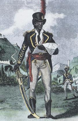 Toussaint L'Ouverture The leader of the St. Domingue slave uprising appears in his general's uniform, sword in hand.