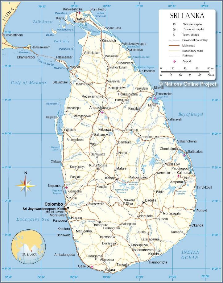 Sri Lanka is an island country of 65,610 sq. km located in the Indian Ocean off the south eastern coast of India. Its population, according to the World Bank, was approximately 20.
