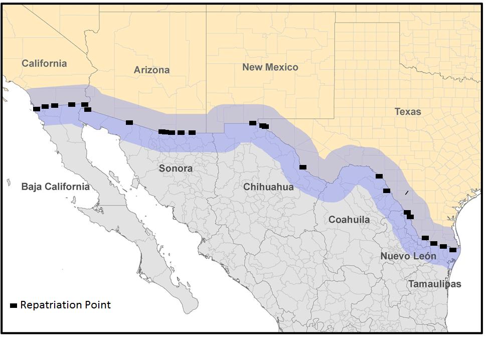 Figure III: Repatriation Points in the US-Mexican Frontier Notes: According to the Unidad de Política Migratoria of the Mexican Secretaría de Gobernación, there were 28 repatriation points in Mexico