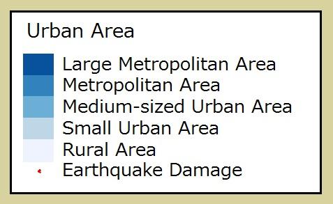 Figure 2: Urban areas in 2010 and earthquakes in Indonesia from 2005 to 2006 Notes: We show locations of the villages/towns where earthquakes occurred and that suffered economic damage of at least