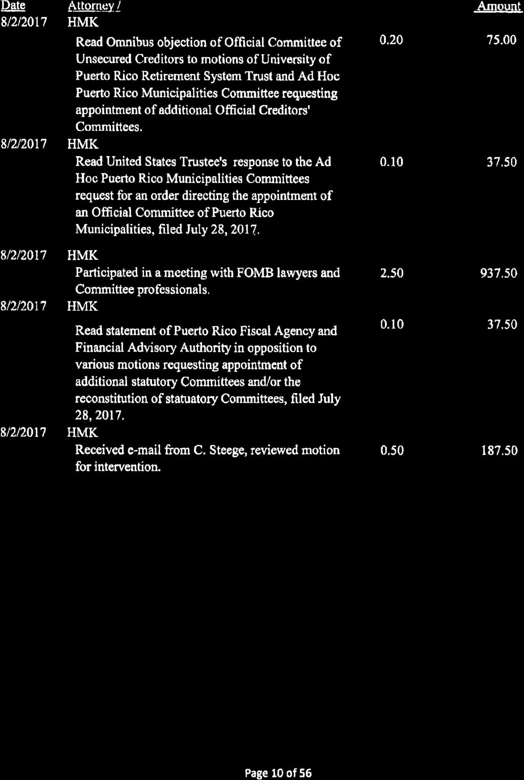 Exhibit C- Detailed Time Records Page 23 of 112 Pate 8/2/2017 8/2/2017 8/2/2017 8/2/2017 8/2/2017 Attorney / Activity HMK Read Omnibus objection of Official Committee of Unsecured Creditors to