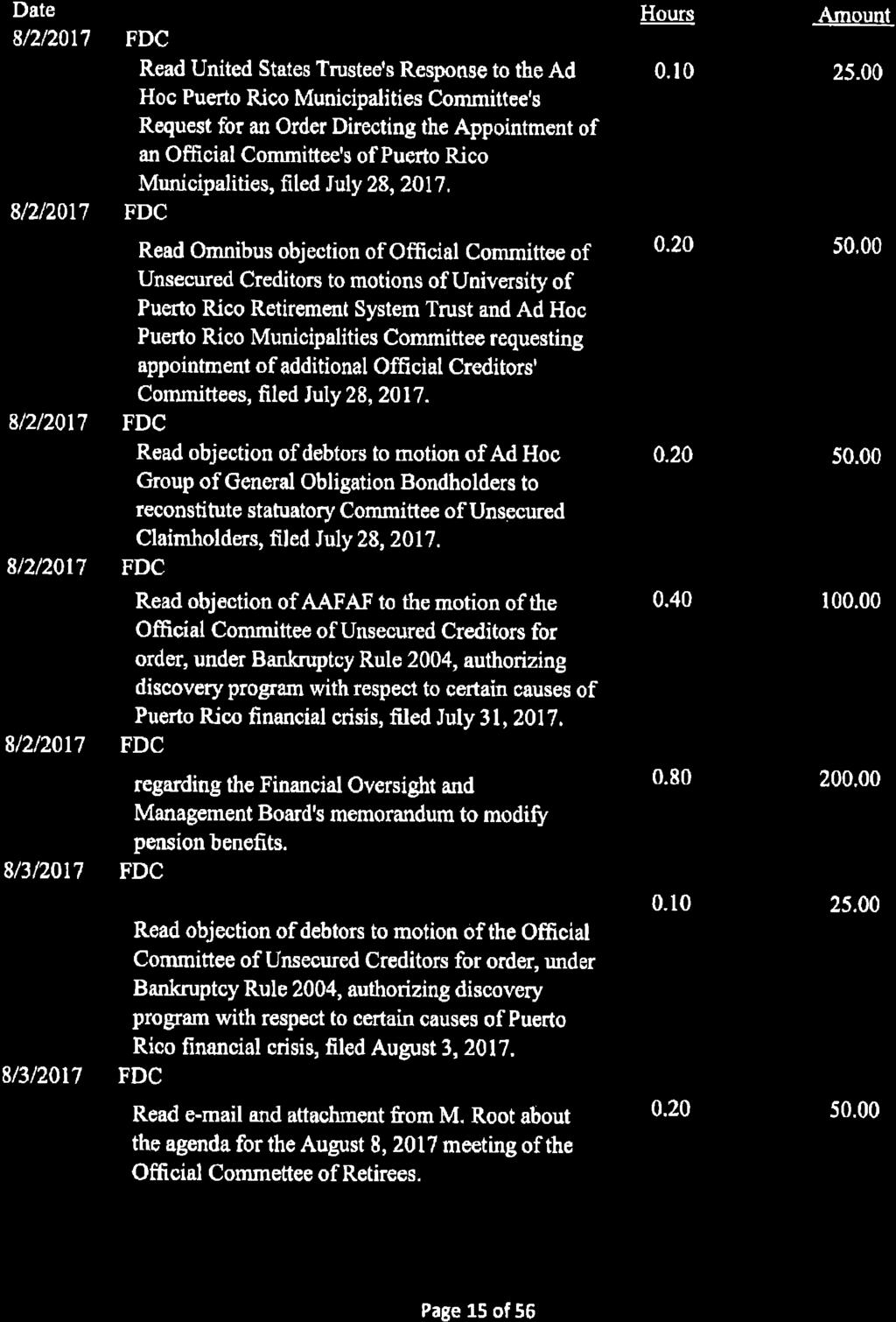 Exhibit C- Detailed Time Records Page 28 of 112 Date 8/2/2017 8/2/2017 8/2/2017 8/2/2017 8/2/2017 8/3/2017 8/3/2017 Attorney / Activity FDC Read United States Trustee's Response to the Ad Hoc Puerto