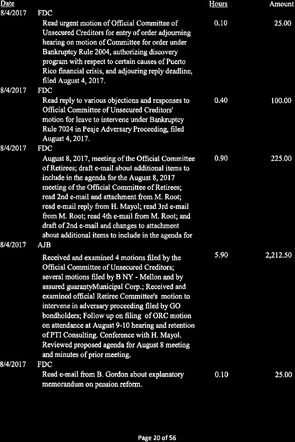 Exhibit C- Detailed Time Records Page 33 of 112 Date 8/4/2017 8/4/2017 8/4/2017 8/4/2017 8/4/2017 Attorney / Activity FDC Read urgent motion of Official Committee of Unsecured Creditors for entry of