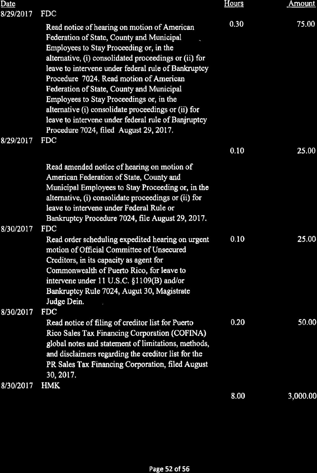 Exhibit C- Detailed Time Records Page 65 of 112 Date Attorney / Activity 8/29/2017 FDC Read notice of hearing on motion of American Federation of State, County and Municipal Employees to Stay