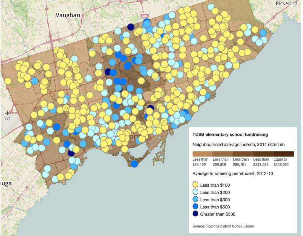 Fundraising in TDSB Elementary Schools, 2014: 681 Source: Toronto Star. Mapbox OpenStreetMap The pattern is also reflected in TDSB s Learning Opportunities Index (LOI) for elementary schools in 2014.
