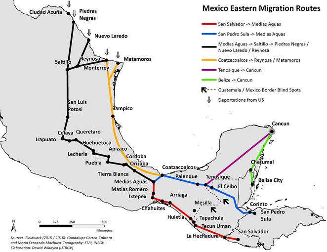 maps: migration routes, shelters, trafficking of migrants The following five maps identify Mexico s eastern migration routes, migrant shelters along the way, as well as the main human trafficking