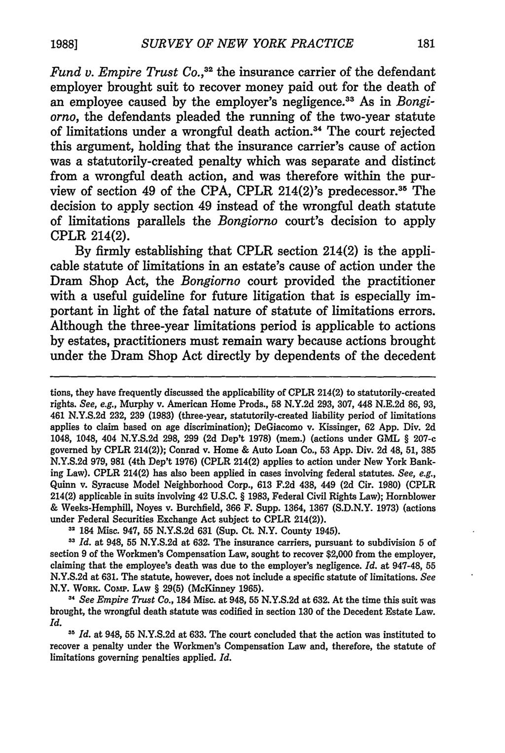 1988] SURVEY OF NEW YORK PRACTICE Fund v. Empire Trust Co.