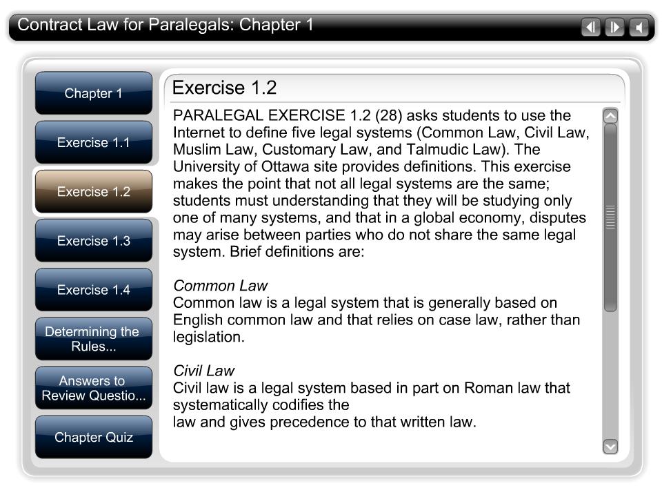 Exercise 1.2 Tab Text PARALEGAL EXERCISE 1.2 (28) asks students to use the Internet to define five legal systems (Common Law, Civil Law, Muslim Law, Customary Law, and Talmudic Law).
