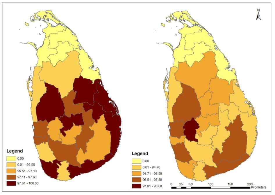 recorded in Matara. The literacy rate for 15-24 years in all sectors and districts increased during the 2003-2006/07 period.
