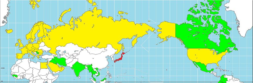 Countries and Regions Lifting/Relaxing the Import Restrictions 21 countries(green) have lifted the import restrictions imposed after the accident of Fukushima Daiichi Nuclear Power Station.