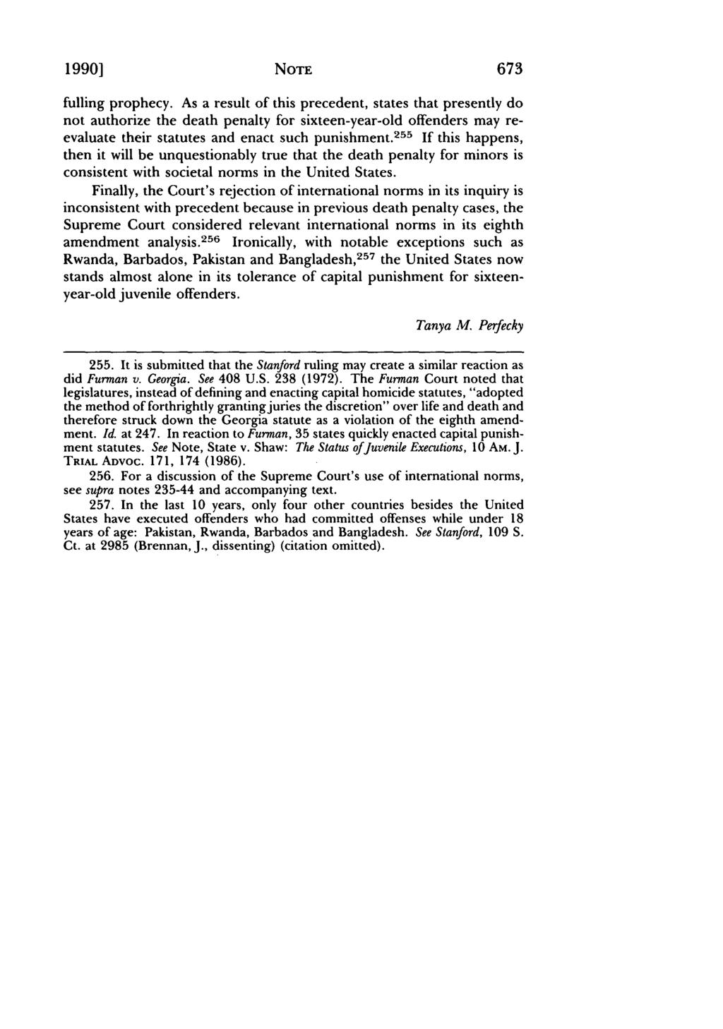 Perfecky: Children, the Death Penalty and the Eighth Amendment: An Analysis 1990] NOTE 673 fulling prophecy.