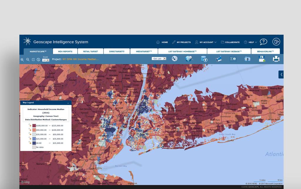 GEOSCAPE 06 HH Income Median Median household income is illustrated by census tract for the New York DMA.