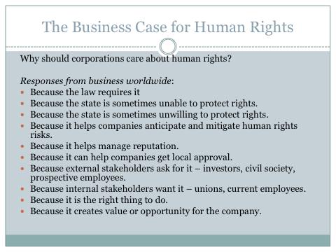 This slide shows the different elements that make up the Business Case for Human Rights when the question is asked to a business audience in different parts of the world.
