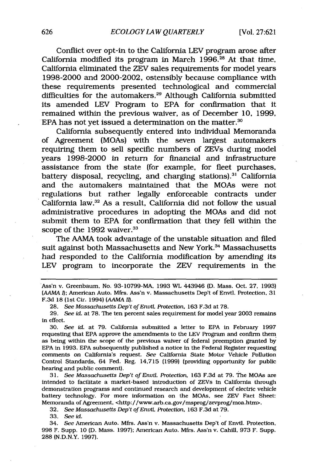 ECOLOGY LAW QUARTERLY [Vol. 27:621 Conflict over opt-in to the California LEV program arose after California modified its program in March 1996.