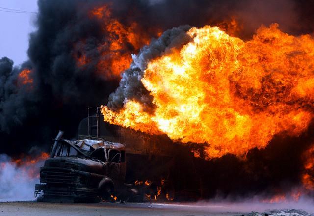 A Fuel Tanker Burns after a