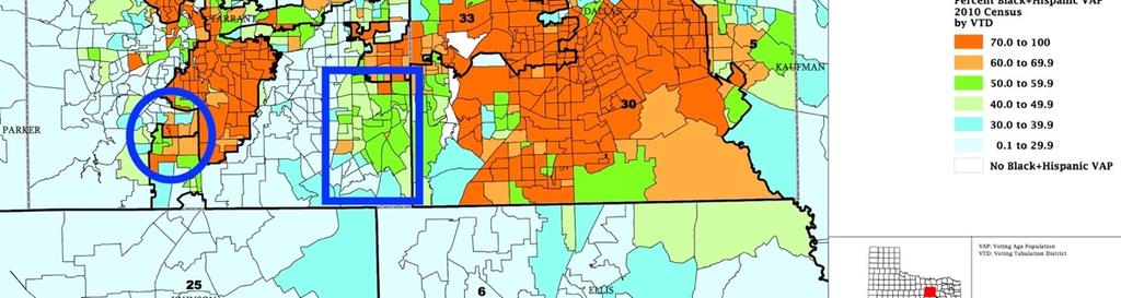 To illustrate, below is a cropped portion of Quesada Exhibit 2017-17, a map produced by TLC of Plan C185 including racial shading, with a blue box showing the area of then-cd 33 described by the D.C. Court as cracked from other minority neighborhoods and included in Anglo-dominated CD 33.
