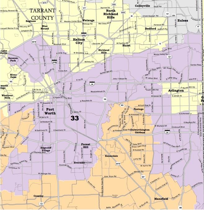 Moreover, under Plan C273, CD 33, which is represented by Congressman Marc Veasey, is moved entirely into Tarrant County, whereas it currently spans significant portions of both Tarrant and Dallas