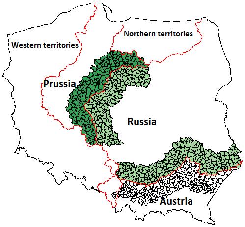 Figure 3: Samples within 50km adopted in the study (a) 19th century borders (b) Prussian - Russian sample (c) Western Territories sample bandwidths are displayed in table 4.
