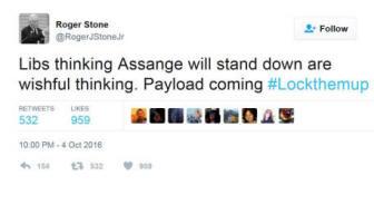 In the weeks that follow, Stone shows a remarkable prescience: I have total confidence that @wikileaks and my hero Julian Assange will educate the American people soon," he says. "#Lockherup.