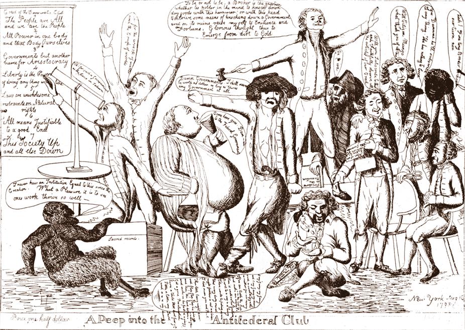 This 1793 political cartoon, entitled A Peep into the Antifederal Club, ridicules the Jeffersonian Republicans, a political party formed by the Antifederalists.