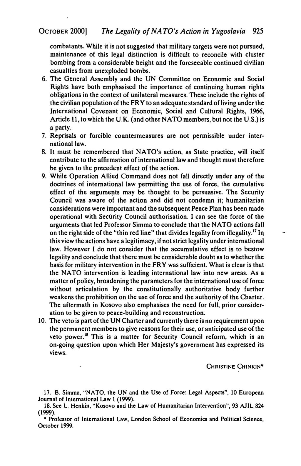 OCTOBER 2000] The Legality of NATO's Action in Yugoslavia 925 combatants.