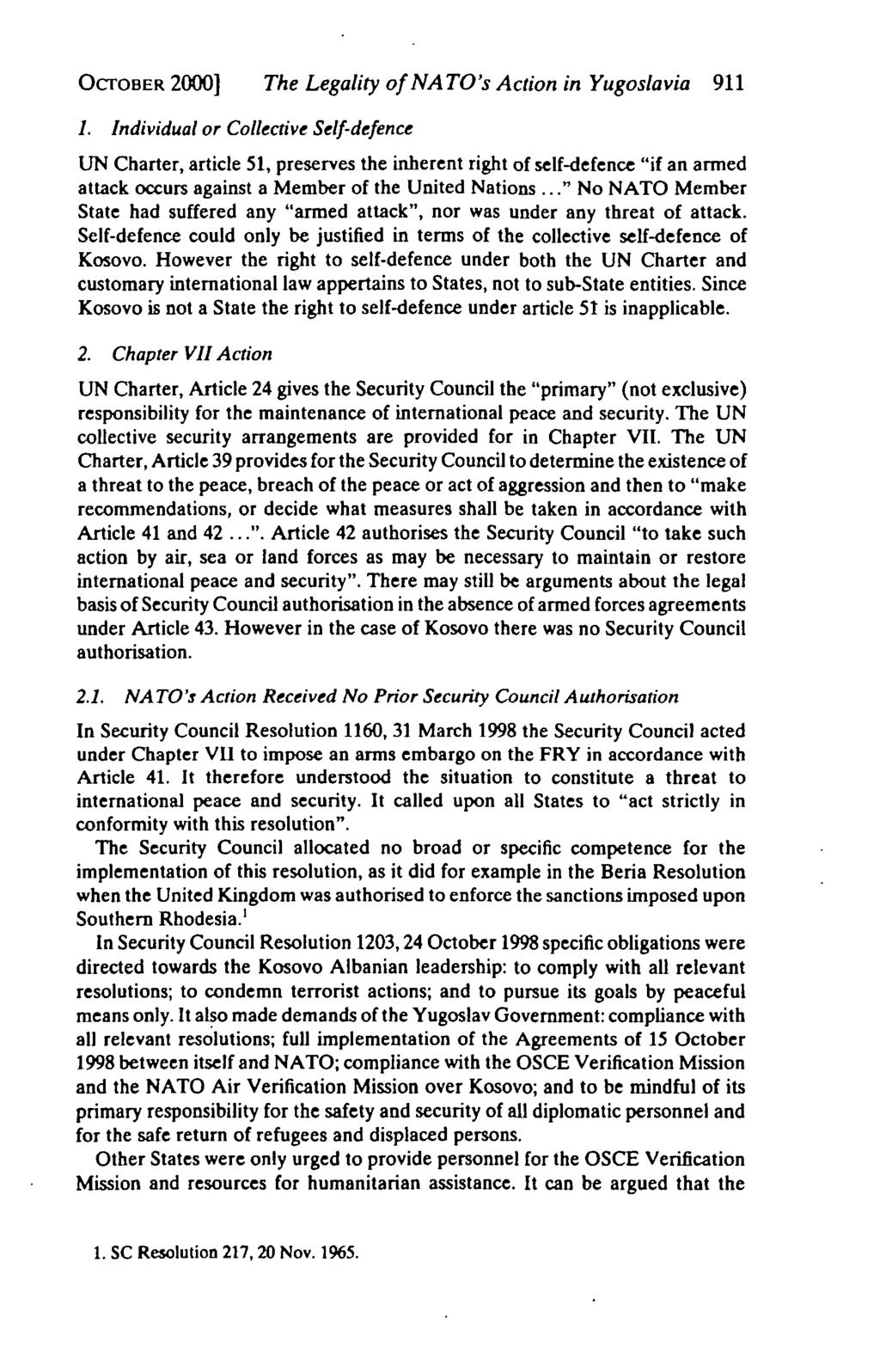 OCTOBER 2000] The Legality of NATO's Action in Yugoslavia 911 1.