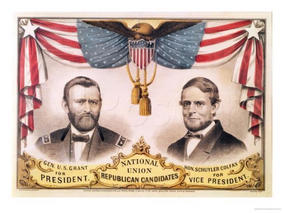 BLOODY SHIRT ELECTS GRANT Election of 1868, Republicans nominate Ulysses S Grant Great soldier, no political experience (which the people were tired of politics) Democrats at this time had only the