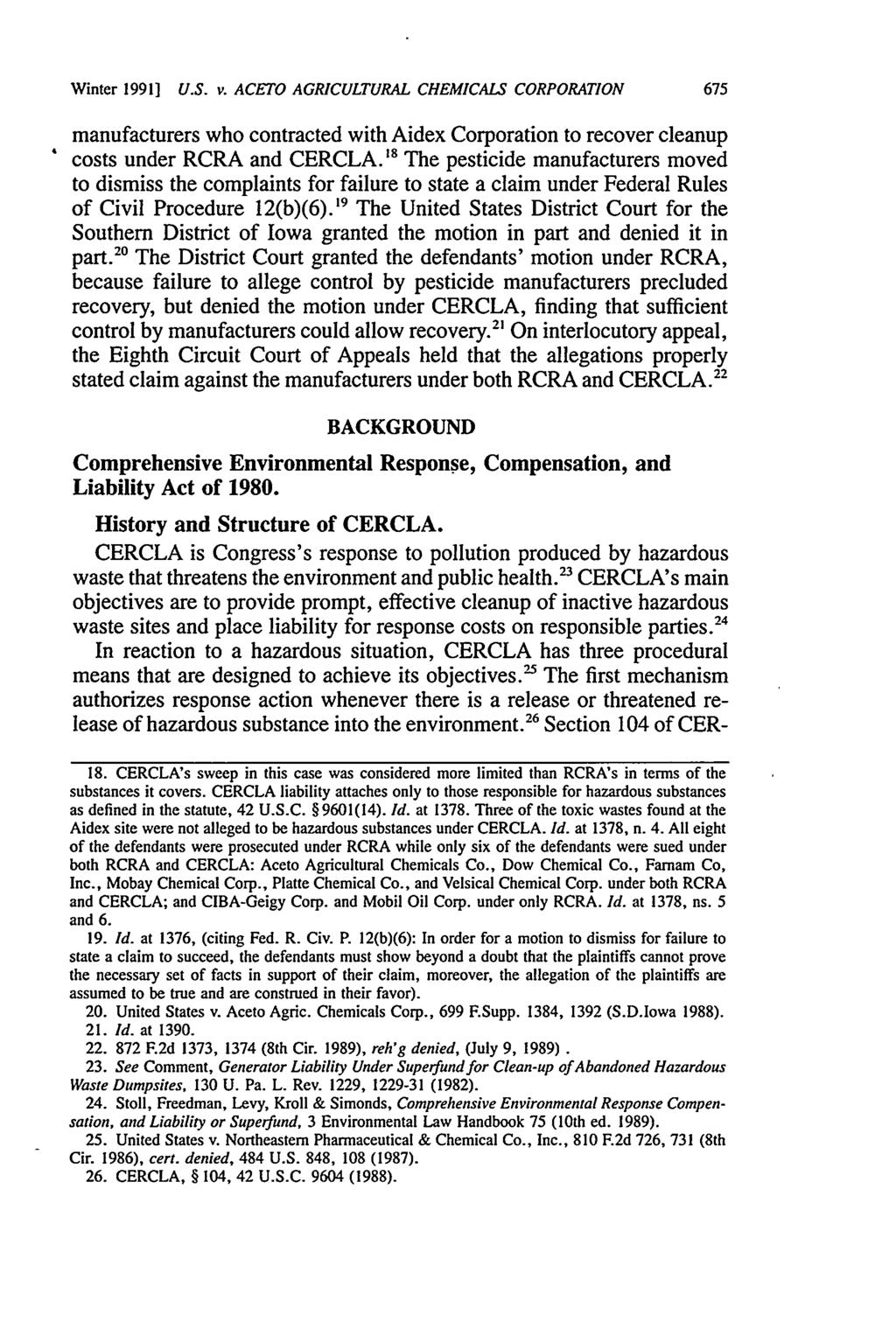 Winter 1991] U.S. v. ACETO AGRICULTURAL CHEMICALS CORPORATION 675 manufacturers who contracted with Aidex Corporation to recover cleanup costs under RCRA and CERCLA.