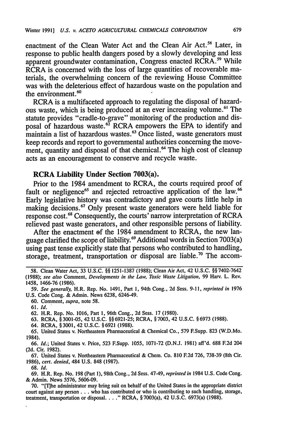 Winter 1991] U.S. v. ACETO AGRICULTURAL CHEMICALS CORPORATION 679 enactment of the Clean Water Act and the Clean Air Act.