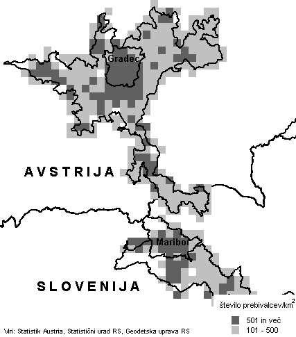 266 STATISTIČNI DNEVI 2006 STATISTICAL DAYS 2006 Slika 4: Število prebivalcev/km 2 na mreži 5 km x 5 km, Avstrija (Popis 2001), Slovenija (Popis 2002).