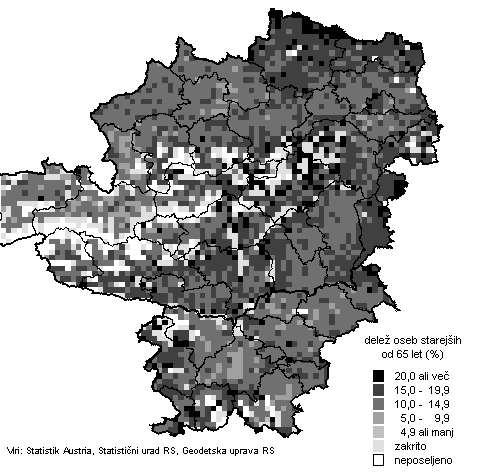 STATISTIČNI DNEVI 2006 STATISTICAL DAYS 2006 267 Slika 5: Delež oseb starejših od 65 let v mreži 5 km x 5 km, UTM 33, Avstrija (Popis 2001), Slovenija (Popis 2002), NUTS3.
