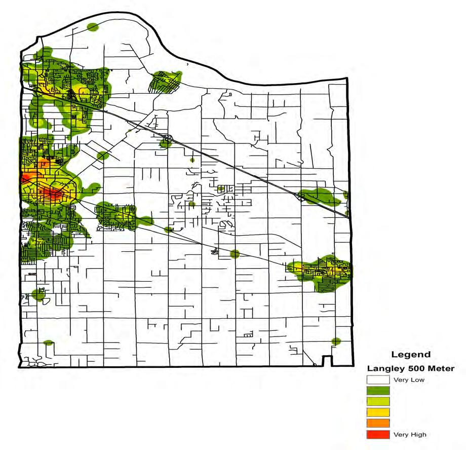 FIGURE 13: PROPERTY CRIME HOTSPOTS IN LANGLEY IN 2015 As demonstrated in Table 23, the most notable predictor of property crime in Langley was the percentage of the area that was comprised of renters.