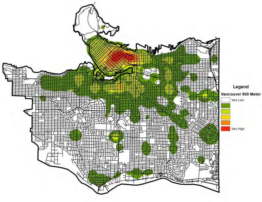 FIGURE 25: PROPERTY CRIME HOTSPOTS IN VANCOUVER IN 2015 In most respects, as expected, the City Vancouver closely mirrored Surrey with regards to a structural accounting of property crime.