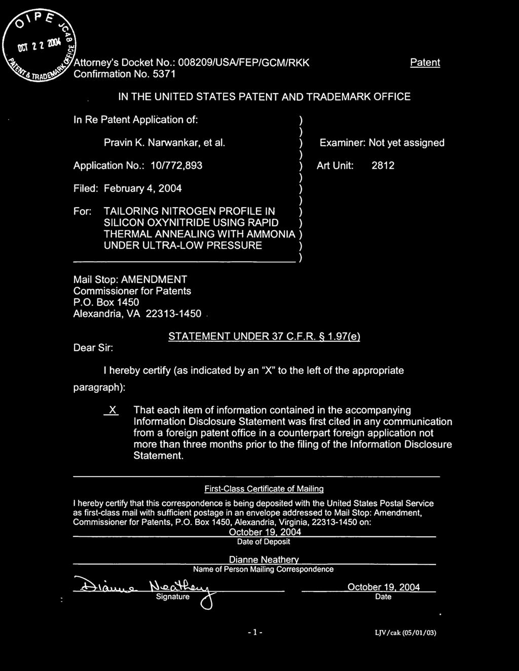 PRESSURE Mail Stop: AMENDMENT Commissioner for Patents P.O. Box 14