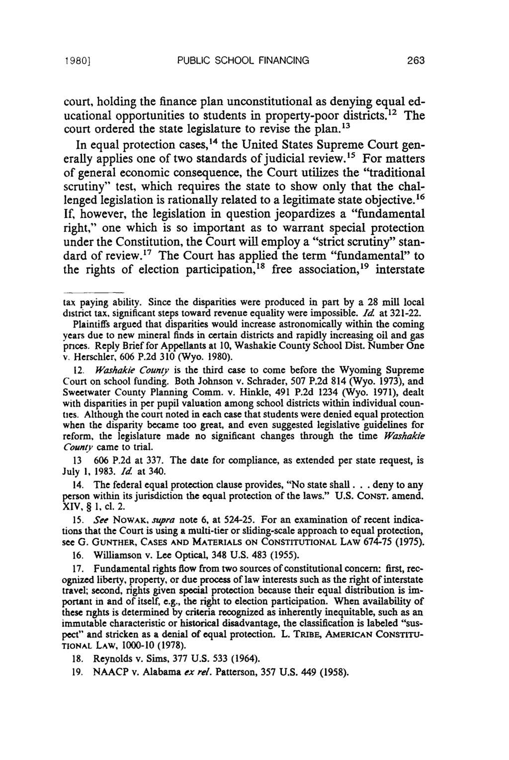 1980] PUBLIC SCHOOL FINANCING court, holding the finance plan unconstitutional as denying equal educational opportunities to students in property-poor districts.