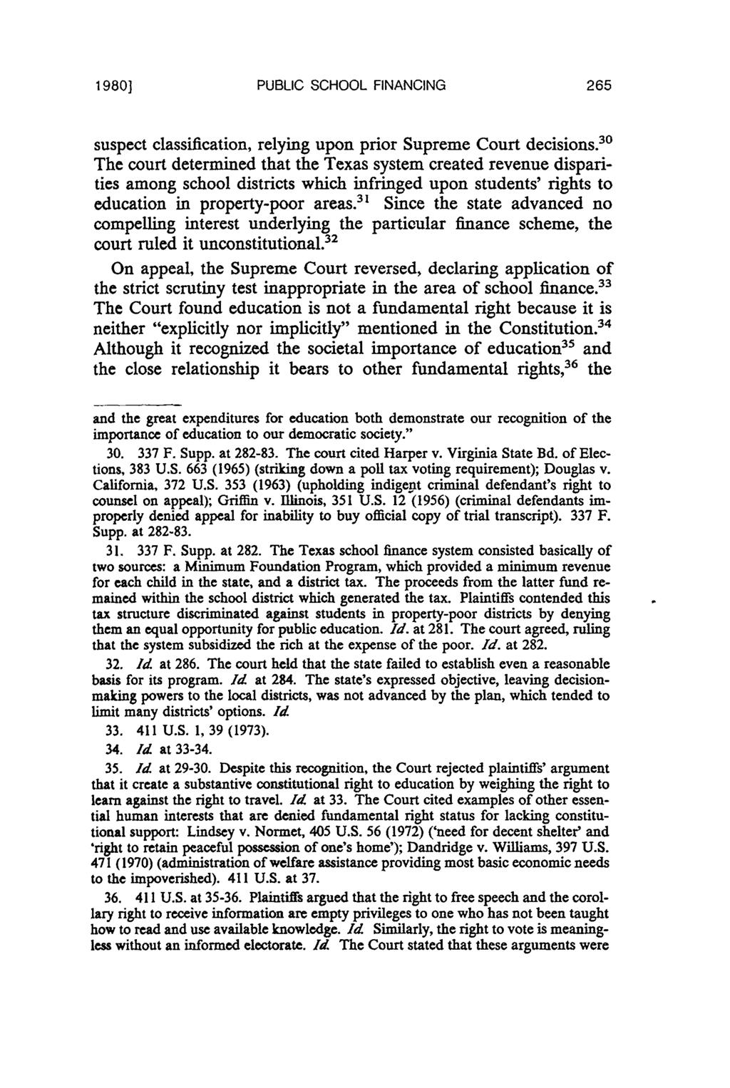 1980] PUBLIC SCHOOL FINANCING suspect classification, relying upon prior Supreme Court decisions.