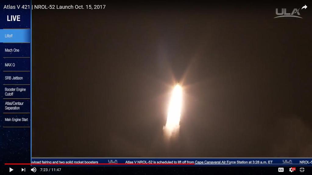 ULA Launches Reconasiance Satellite Screenshot of Atlas V Launch on Oct. 15, 2017 See article at https://www.nasaspaceflight.