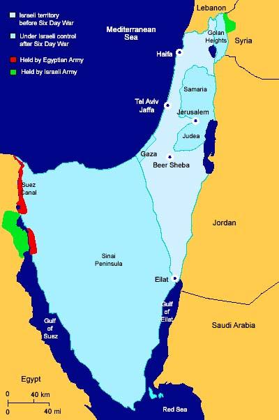 The Six-Day War (1967) Israel had won a crushing victory against the Arabs in the Six-Day War of 1967, which expanded the nation s borders to include the Golan Heights, the West Bank, the Gaza Strip,