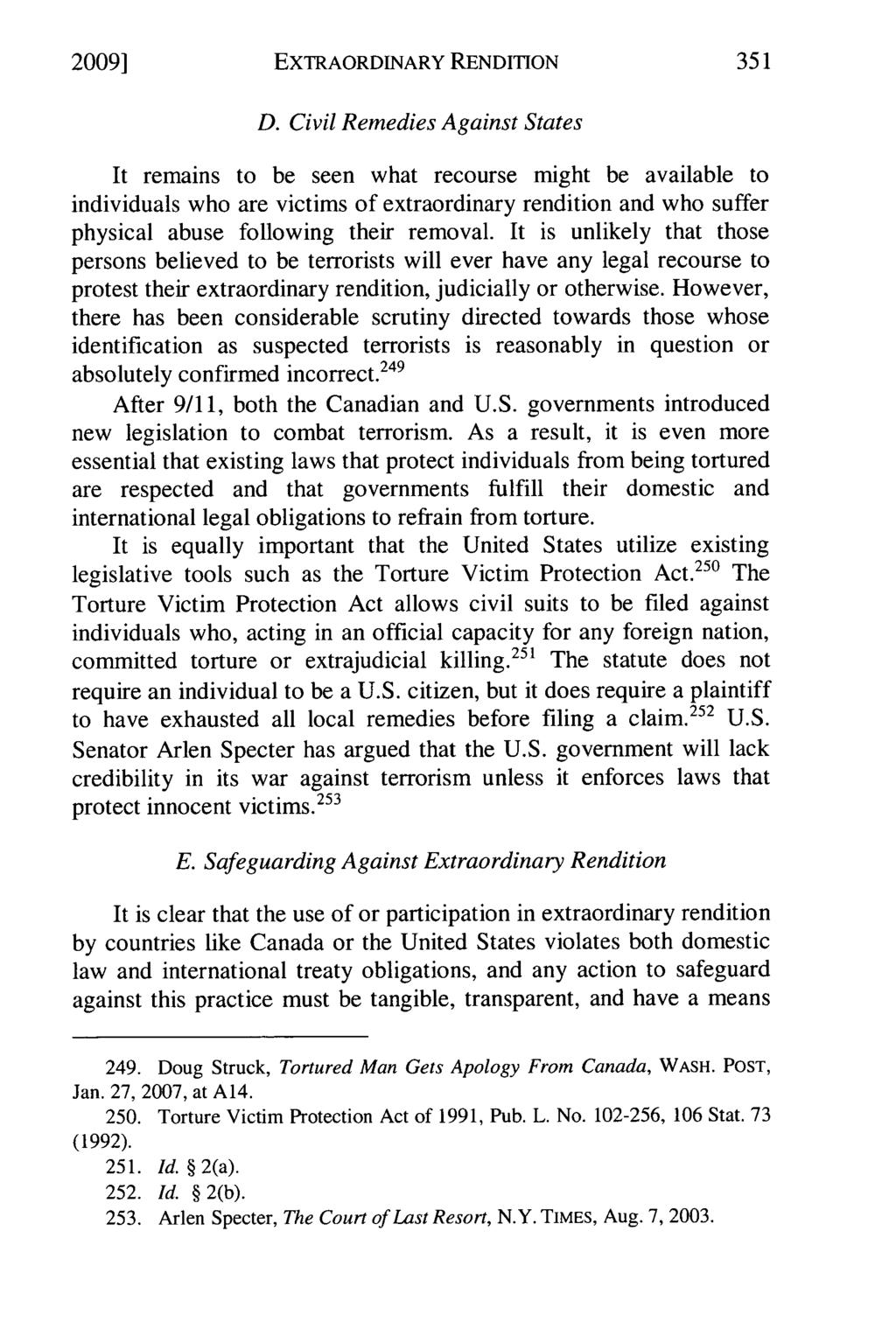 20091 Silva: Extraordinary Rendition: A Challenge to Canadian and United State EXTRAORDINARY RENDITION D.