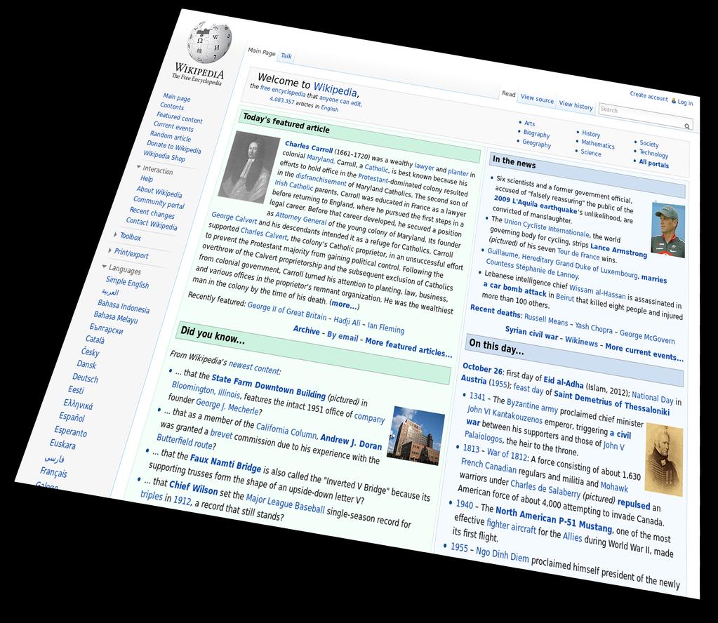 Wikipedia user interface The Wikipedia Main Page. Talk appears at the top of each article.