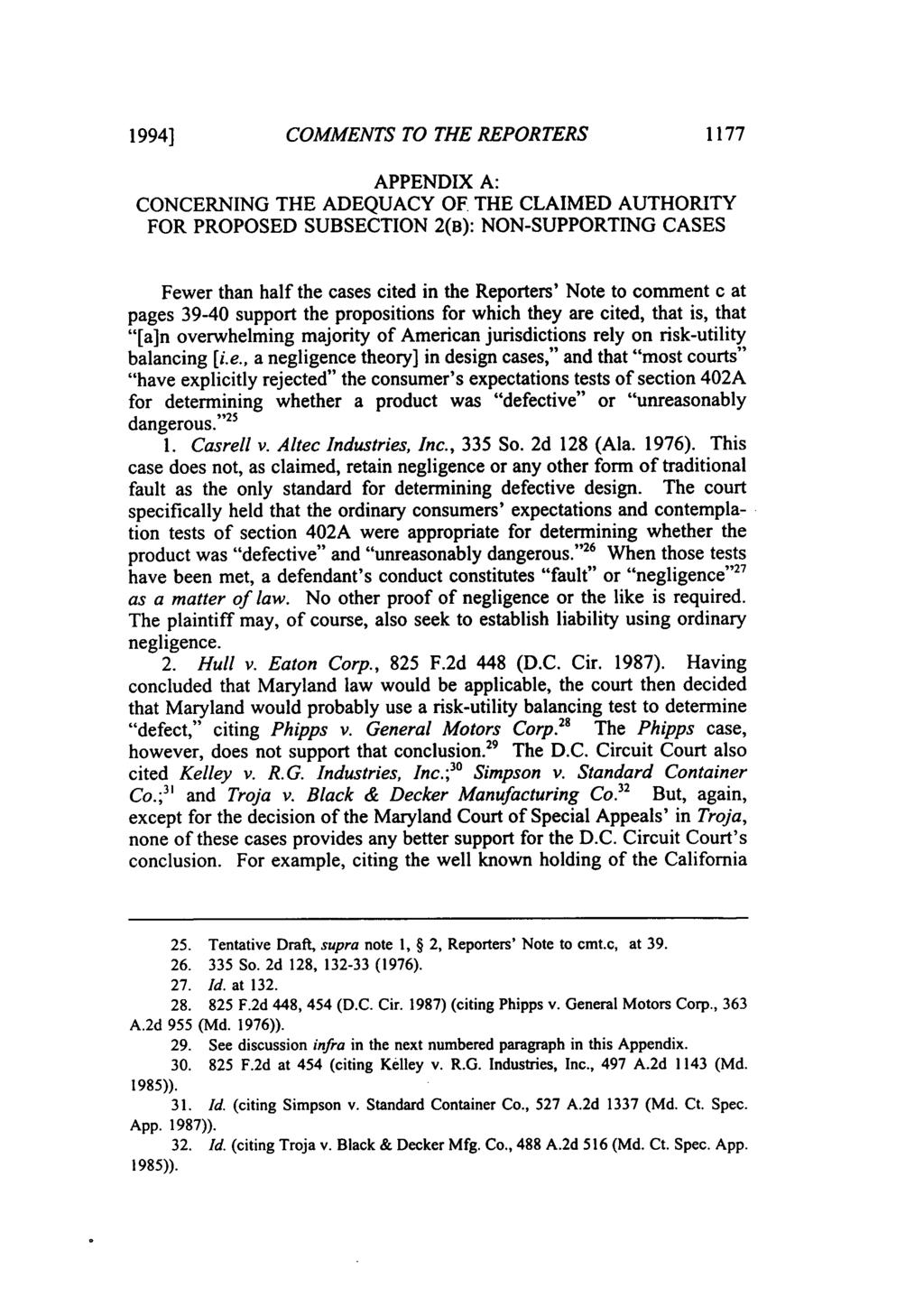 1994] COMMENTS TO THE REPORTERS 1177 APPENDIX A: CONCERNING THE ADEQUACY OF THE CLAIMED AUTHORITY FOR PROPOSED SUBSECTION 2(B): NON-SUPPORTING CASES Fewer than half the cases cited in the Reporters'
